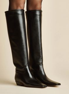 The Marfa Knee-High Boot in Black Leather– KHAITE Knee High Boot Outfits Winter, Square Toed Boots, Fw 2024, 2023 Mood, Knee High Boots Flat, 2024 Wishlist, Luxury Boots, Beauty Gift Card, Low Heel Boots