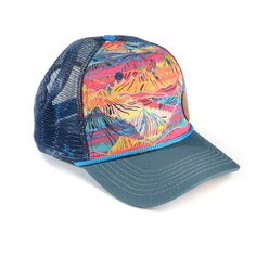 Gorgeous colors streak across a magical mountain scene. Made from 100% recycled cotton and polyester mesh, this completely rad trucker is printed with our original rainbow mountain art. Bright blue rope and snapback closure. -Made from 100% recycled cotton and navy polyester mesh.-Vegan leather logo patch-Bright Blue snapback closure-One size fits most-Unisex Multicolor 5-panel Trucker Hat For Outdoor, Multicolor Flat Bill Baseball Cap For Outdoor, Multicolor 5-panel Outdoor Hat, Multicolor 5-panel Trucker Hat For Summer, Blue Summer Trucker Hat For Travel, Blue Snapback Hat For Summer Outdoor Activities, Summer Trucker Hat In Blue For Travel, Blue Summer Hiking Hat, Multicolor Trucker Hat With Curved Brim For Outdoor