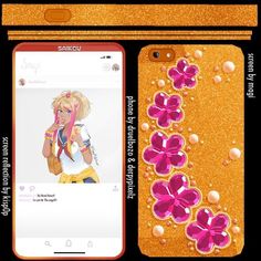 an image of a cell phone with pink flowers on the back and gold glitter background