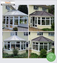 four different views of a sunroom with windows and roofing on the same side