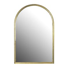 a gold arched mirror on a white wall