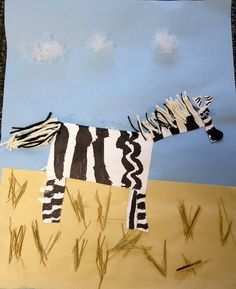 a painting of a zebra in the middle of a field with grass and blue sky