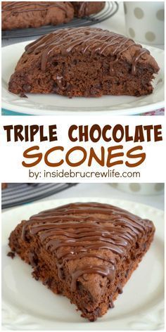 triple chocolate scones on a white plate with text overlay that reads triple chocolate scones