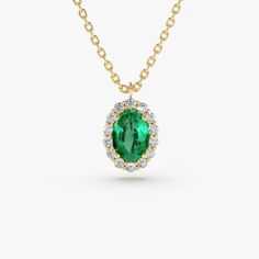 14K Gold Oval Cut Emerald Halo Diamond Necklace 14K Gold Ferkos Fine Jewelry Emerald Halo, Engagement Gifts For Her, Halo Pendant, Cz Necklace, Necklace Boho, Emerald Jewelry, Diamond Color, Stylish Jewelry, Necklace Sizes