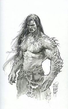 a pencil drawing of a man with long hair and claws on his chest, standing in front of a white background