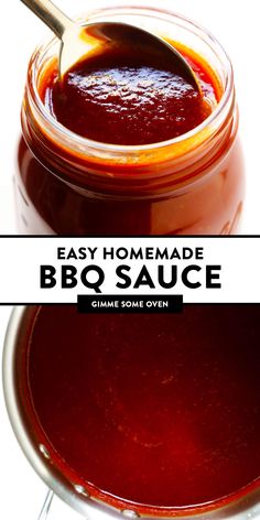 homemade bbq sauce in a glass jar with a spoon on the side and text overlay that reads easy homemade bbq sauce