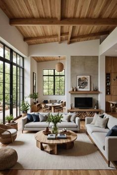 a living room filled with lots of furniture next to a fire place under a wooden ceiling