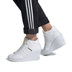 - Brand New W/O Box - Adidas Originals Superstar Shell Toe Sneaker Wedges - Classic Look With A 3.5" Wedge Built In - Leather Upper White Wedge Sneakers For Streetwear, Sporty White Wedge Heel Platform Sneakers, White Synthetic Wedge Boots, Adidas Lace-up Platform Sneakers, White Platform Sneakers With Branded Heel, Adidas Platform Sneakers With Round Toe, Sneaker Wedges, Lace Wedges, Adidas Sneakers Women