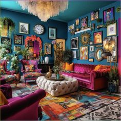 a living room filled with colorful furniture and pictures on the wall above it's coffee table