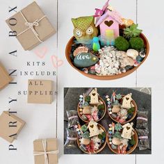 an assortment of items displayed in a bowl on a table with boxes and other decorations