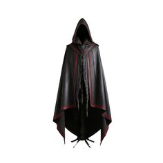 This medieval archery leather cloak features a striking black and red color scheme, crafted from high-quality, durable leather. It includes a hood for head protection and an open front with a lace-up closure, allowing quick access to an archer's quiver and bow. The back of the cloak extends longer for added protection, while the front is shorter for ease of movement. Subtle leather stitching patterns and metal fastenings enhance its period-appropriate aesthetic. Displayed on a stand, the cloak i Gothic Black Hooded Cape, Medieval Black Cape For Costume Party, Black Vampire Cape For Winter, Black Hooded Cape For Costume Party, Black Vampire Cape For Fantasy Events, Medieval Black Cosplay Costume For Larp, Black Outerwear For Larp Halloween, Black Gothic Cape For Cosplay Events, Medieval Black Outerwear For Cosplay Events