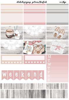 a pink and gray color scheme with different items