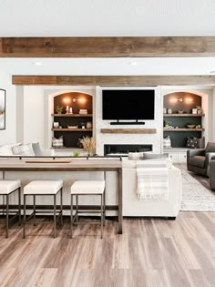 a living room filled with furniture and a flat screen tv mounted on the wall above a fireplace