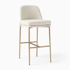 an upholstered bar stool with a gold frame and seat cushion, viewed from the front