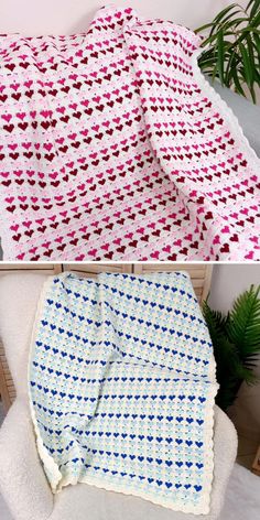 crocheted baby blanket with hearts on it and another photo of the same blanket