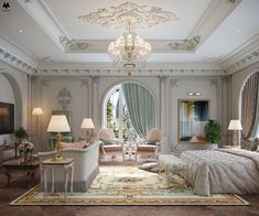 an elegant bedroom with chandelier, couches and two chairs in front of a large window