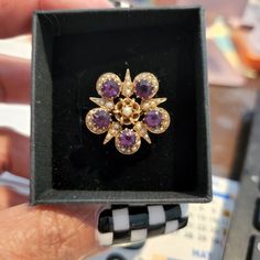 Antique 14k Yellow Gold Ring, Amethyst And Seed Pearls. This Absolutely Stunning Ring Is From An Estate In Newport, Ri. I Was Told That The Ring Was Once A Broach Turned Into A Ring. It's Absolutely Beautiful In Person. The Stones Are Of The Old Mine Cut. Just Beautiful. It Has Sat In My Jewelry Box For Ages And Not Been Worn. Time For It To Go To A New Home. I Am Not A Jeweler Nor Appraiser. Please Ask All Questions Prior To Bidding Or Buying. Shipping Is Free. Payment Is Due Within Three Days Of Auction Ending. Luxury Amethyst Jewelry Stamped 14k, Luxury 14k Stamped Amethyst Jewelry, Luxury 14k Stamped Amethyst Wedding Ring, Luxury Amethyst Ring With Rose Cut Diamonds For Gift, Yellow Gold Multi-stone Amethyst Ring Gift, Heirloom 14k Stamped Amethyst Jewelry, Luxury 14k Stamped Amethyst Ring As Gift, Heirloom Multi-stone Amethyst Ring, Heirloom Purple Diamond Jewelry