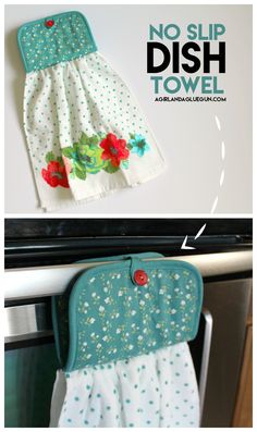 an oven mitt is hanging on the wall with no slip dish towel attached to it