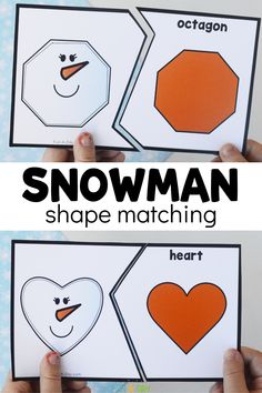 two snowman shape matching cards with the words heart and heart shaped shapes on them