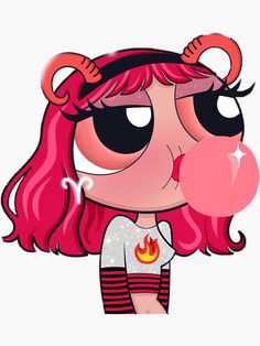 a cartoon girl with pink hair and horns blowing bubble gum on her nose while holding a lollipop