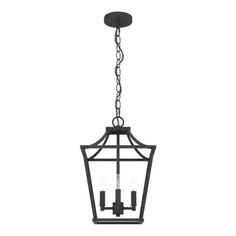 a hanging light fixture with four lights on the front and back end, in an iron finish