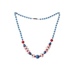 "16\" Vintage Czech Bohemian necklace with a stunning selection of glass beads. Wonderful red and blue round, red rondelle, blue flower and white triangle glass beads. Silver tone clip barrel clasp closer. This necklace is from the 1940's and is in excellent condition for the age, having been in storage for over 70 years Authentic vintage Czech costume jewelry necklace ready to wear for any occasion, formal or informal. Origin: Czech 1940's Length: 16\" approx Size: Beads 2 - 12mm 1/16\" - 7/16\ Patriotic Blue Jewelry With Colorful Beads, Patriotic Blue Round Bead Jewelry, Adjustable Blue Patriotic Necklace, Patriotic Blue Beaded Necklaces, Patriotic Blue Beaded Necklace For Gift, Patriotic Blue Beaded Necklace For Gifts, Patriotic Blue Beaded Necklace, Blue Patriotic Necklace For Gift, Patriotic Blue Necklace For Gift