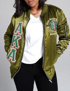 AKA Satin Bomber Jacket Fitted Fall Outerwear For College, Fitted Fall Outerwear For Casual Wear, Casual Fitted Outerwear For College, Casual Embroidered College Outerwear, Casual Embroidered Outerwear For College, Fall Outerwear With Zipper Closure For College, Fitted Varsity Outerwear For Spring, Embroidered Fitted Casual Outerwear, Casual Embroidered Fitted Outerwear