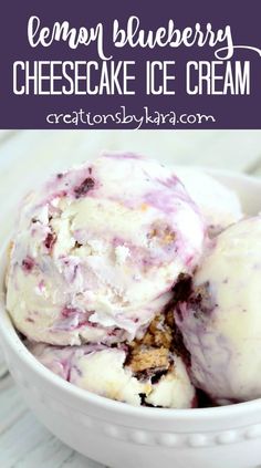 lemon blueberry cheesecake ice cream in a bowl