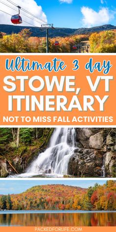 Stowe fall itinerary. Gondola up Mansfield Mountain, Glen Moss Falls, Lake with fall foliage views. Stowe Vermont Fall, Fall With Kids, England Activities, Acadia National Park Fall, Fall Weekend Trip, Fall New England, Usa Tourism, Fall Foliage Trips