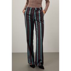 Multicolor stripe cotton (64% Polyester, 34% Viscose, 2% Elastane). Pants. Front zipper fly with button closure. 30" inseam. 11" rise. Imported. Fitted Wide-leg Pants With Vertical Stripes, Fitted Pinstripe Wide-leg Bottoms, Fitted Pinstripe Wide-leg Pants, Striped Fitted Wide-leg Bottoms, Fitted Pants With Vertical Stripes For Fall, Striped Fitted Wide-leg Pants, Fitted Striped Wide-leg Pants, Pinstripe Straight Leg Bottoms For Fall, Fall Pinstripe Wide Leg Bottoms