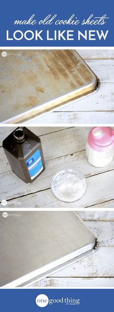 three pictures showing how to make cookie sheets look like new baking pans and ingredients