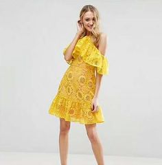 Leave an unforgettable statement anywhere you go in this yellow strap pattern bandage dress. Yellow Lace Dress, Yellow Lace Dresses, Lace Bodycon, Lace Bodycon Dress, Yellow Lace, Latest Clothes