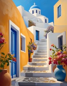 an oil painting of stairs leading up to a building with flowers in vases on either side