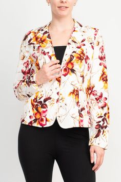 Elevate your style with our Premise floral blazer. Its long sleeves and 2 button closure add sophistication while the cotton blend offers comfort. The unique floral print adds a touch of luxury to any outfit. Upgrade your wardrobe with this exclusive piece. Printed Notch Lapel Blazer For Work, Formal Floral Print Blazer With Lapel Collar, Tailored Floral Print Outerwear With Notch Lapel, Floral Print Outerwear With Notch Lapel, Fitted Floral Print Blazer For Work, Formal Fall Floral Print Blazer, Formal Floral Print Outerwear For Spring, Chic Office Blazer With Floral Print, Spring Floral Print Outerwear With Notch Lapel