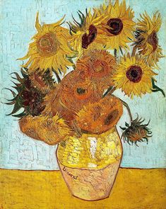 a painting of sunflowers in a vase on a table