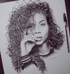 a pencil drawing of a woman with curly hair and a striped shirt, holding her hand to her chin