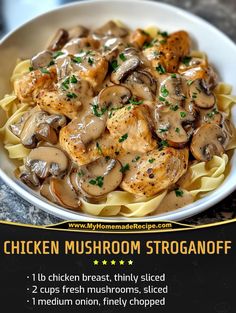 chicken mushroom stroganooffe in a white bowl on top of a table