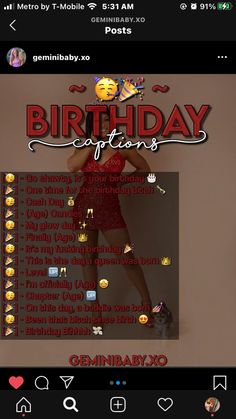 an image of a woman in a red dress with the words birthday captions on it