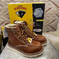 Herman Survivors Brown Leather Work Boots Oakridge Steel Toe Oil Resistant Sole Brown Slip-on Work Boots With Reinforced Toe, Casual Lace-up Safety Boots, Steel Toe Work Boots With Round Toe, Casual Moc Toe Work Boots With Protective Feet, Leather Work Boots With Round Toe For Safety, Casual Leather Waterproof Boots For Safety, Casual Leather Work Boots For Safety, Casual Steel Toe Snip Toe Work Boots, Leather Lace-up Work Boots With Protective Feet