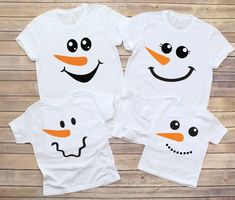 These matching family t-shirts are super soft and comfortable! When placing your order, select both the size and color you would like for the shirt as well as which snowman face you would like.  The last photos in the listing are color charts and sizing charts for reference and the third photo shows the face choices. Shirts are unisex sizing and have more of a men's fit. For a more fitted style, order a size smaller than you usually would. T-Shirts are a cotton/poly blend. STYLE: -Very soft feel Fun White Holiday Tops, Fun White Christmas Tops, Fun White T-shirt For Holiday, Funny White T-shirt For Winter, Funny White T-shirt For Holiday, Funny White Winter T-shirt, Matching Family T Shirts, Snowman Shirt, Snowman Faces