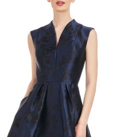 Kay Unger Metallic Floral Jacquard V Neckline Cap Sleeve Pleated Fit and Flare Midi Dress | Dillard's A Line Skirt Midi, Pleated A Line Skirt, Fit And Flare Midi Dress, Midi Dress With Pockets, Flare Midi Dress, Kay Unger, September Wedding, Skirt Midi, Floral Jacquard