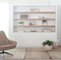 a living room scene with focus on the chair and bookcase in the background,