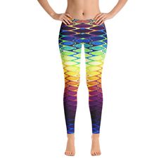 Psychedelic Leggings. Stylish, durable, and a hot fashion staple. These polyester/spandex leggings are made of a comfortable microfiber yarn, and they'll never lose their stretch.  * Fabric: 82% polyester, 18% spandex * Fabric weight: 6.78 oz/yd² (230 g/m²) (weight may vary by 5%) * 38-40 UPF * Made of a microfiber yarn, which makes the item smooth and comfortable * Four-way stretch fabric that stretches and recovers on the cross and lengthwise grains * Elastic waistband * Overlock and coverstit Pattern Tights, Leggings Colorful, Neon Leggings, Rainbow Leggings, Athletic Tights, Pattern Leggings, Patterned Tights, Spandex Leggings, Leggings Pattern