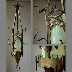 three different views of an old fashioned light fixture with glass shades and metal details on the sides