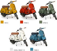 four different colored scooters are shown with the words which one? on them