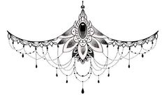 a black and white drawing of an ornate design with beads hanging from it's sides