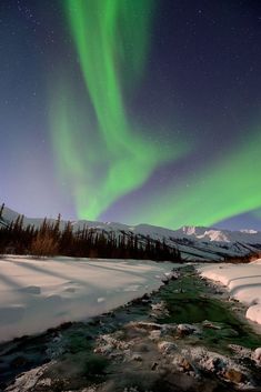 the aurora bore is shining brightly in the sky above snow covered ground and trees, with a stream running through it