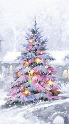 a painting of a christmas tree in the snow