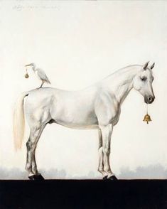 a painting of a white horse with a bird perched on it's back legs