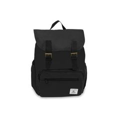 a black backpack with two straps on the front and one strap at the bottom that is attached